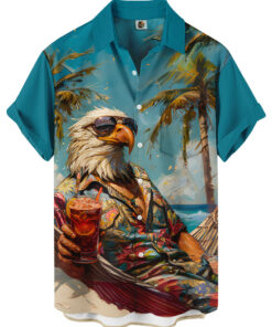 Eagle Print Hawaiian Shirt – Turquoise Tropical Palm Tree Beach