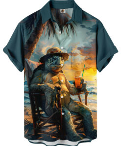 Teal Hawaiian Shirt – Beach Turtle Print, Casual Summer