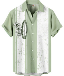Sage Green Hawaiian Shirt – Surfboard and Floral Print