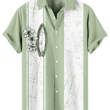 Sage Green Hawaiian Shirt – Surfboard and Floral Print