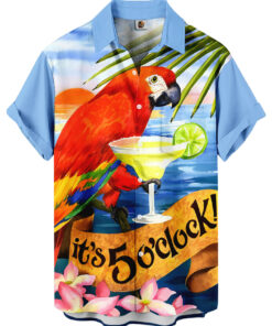 Light Blue Hawaiian Shirt – Parrot and 5 O'Clock Margarita Print