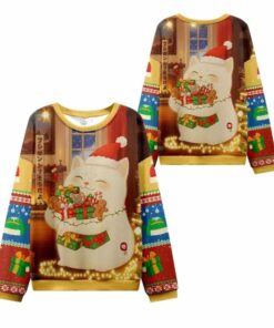 2025 Christmas Cat Holding Gift Ugly Sweater