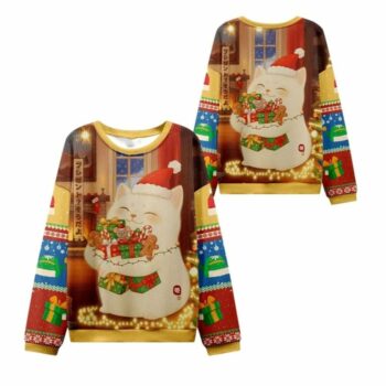 2025 Christmas Cat Holding Gift Ugly Sweater