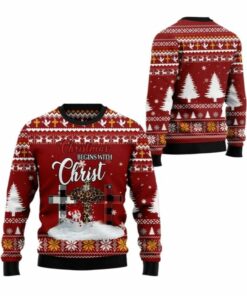 2025 Christmas Christian Begins With Christ Ugly Christmas Sweater