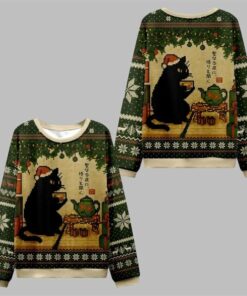 2025 Christmas Cat Drinking Tea Ugly Sweater
