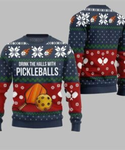 2025 Christmas Drink The Halls With Pickleballs Ugly Sweater Navy