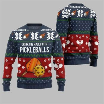2025 Christmas Drink The Halls With Pickleballs Ugly Sweater Navy