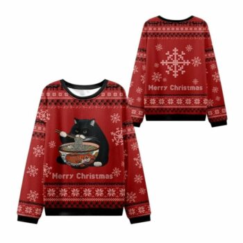 2025 Christmas Fat Cat Eating Ramen Ugly Sweater