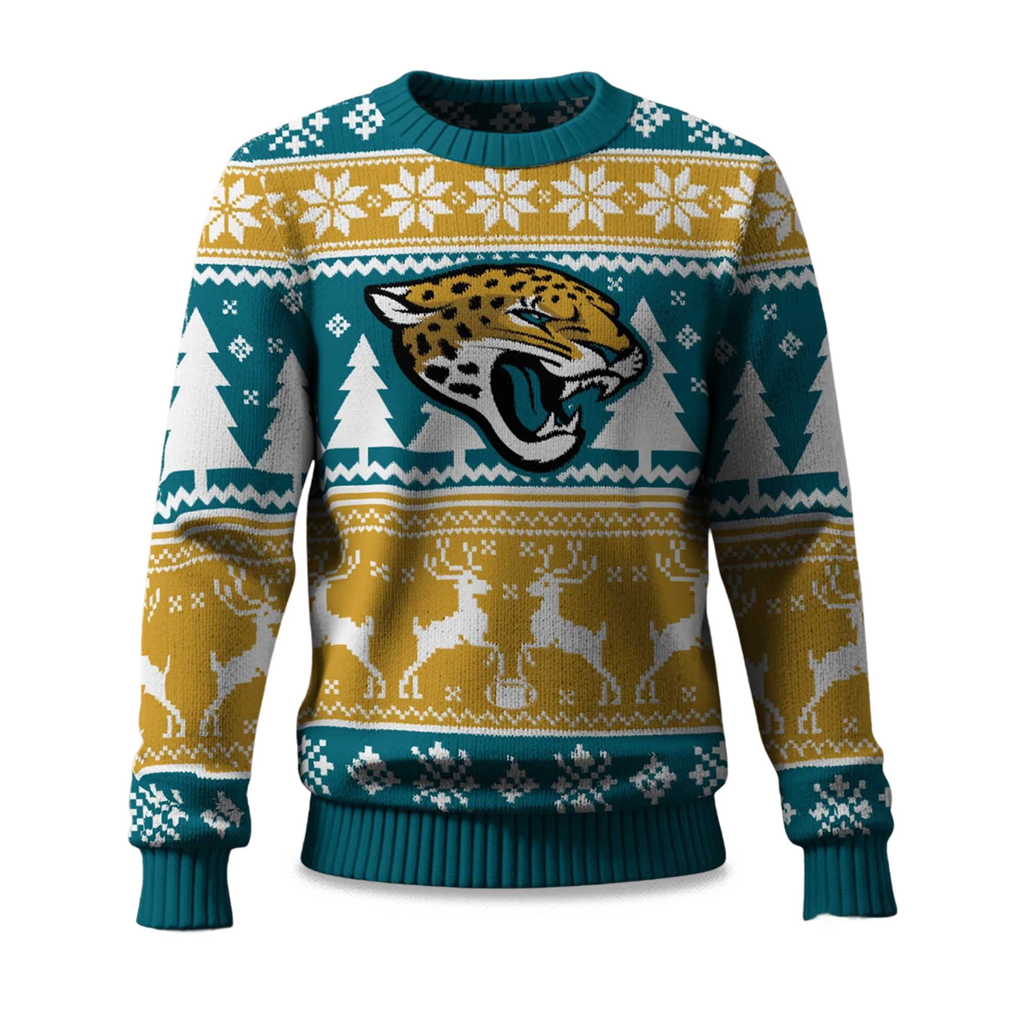 2025 Christmas Jaguars Reindeer Football Ugly Sweater 2025 Christmas Jaguars Reindeer Football Ugly Sweater