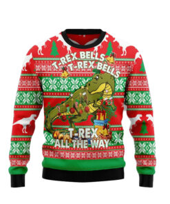 2025 T-Rex Bells-All The Way Christmas Ugly Sweater