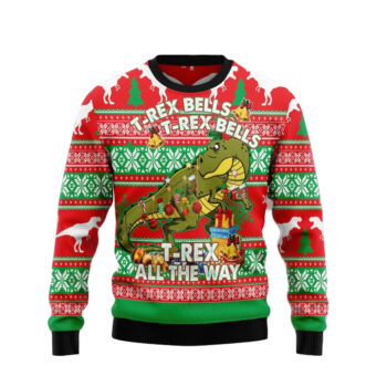 2025 T-Rex Bells-All The Way Christmas Ugly Sweater