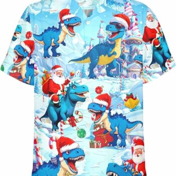 2025 Christmas Santa and Dinosaur Holiday Fun Hawaiian Shirt