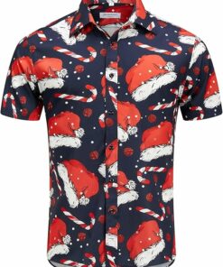 2025 Christmas Hawaiian Shirt – Santa Hat Print Button Down Holiday Shirt