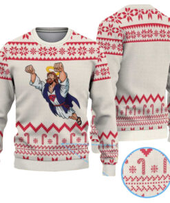 Candy Cream and Red Super Jesus Ugly Christmas Sweater