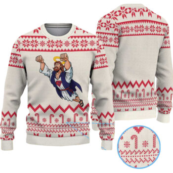 Candy Cream and Red Super Jesus Ugly Christmas Sweater
