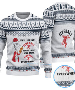 I Will Drink Fireball Everywhere Ugly Christmas Sweater-White & Navy