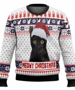 Meowy Christmas Cat With Santa Hat Ugly Christmas Sweater