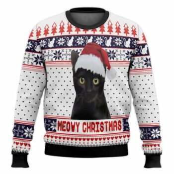 Meowy Christmas Cat With Santa Hat Ugly Christmas Sweater