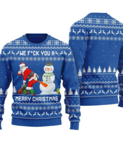 Snowman Stick a Carrot Up Santa's Asshole Ugly Christmas Sweater Blue