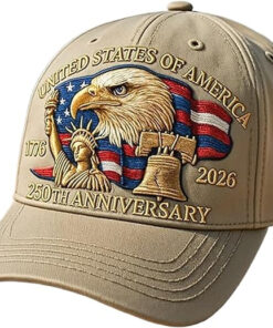 United States 250th Anniversary Hat Bald Eagle Heat Transfer Printing Patriotic Adjustable Retro Patriotic-Khaki