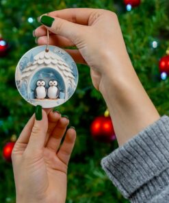 Christmas two penguin ornament Ceramic Ornament, holiday gift for her Christmas gift for him Penguin winter scene ornament