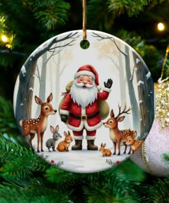 Christmas Ornament Santa and Woodland Animals, Festive Holiday Decoration, Santa Claus with Deer and Bunnies, Tree Décor