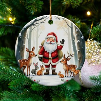 Christmas Ornament Santa and Woodland Animals, Festive Holiday Decoration, Santa Claus with Deer and Bunnies, Tree Décor