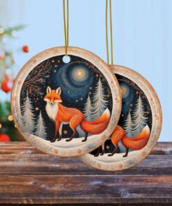 Holiday Christmas Fox in Winter Snow Starry Night Christmas Tree Decoration Ceramic Ornaments