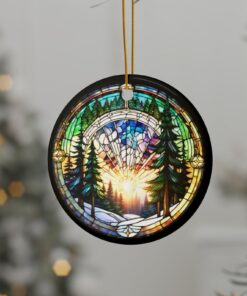Mountain Tree Forest Stained Glass look Ceramic Ornaments, 2-Side Print, nature lover gift under 15, naturecore christmas, forestcore, snow