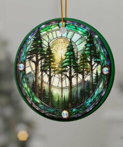 Forest Stained Glass look Ceramic Ornament, 2-Side Print, gorpcore, nature lover ornament, naturecore christmas, outdoor lover gift under 15