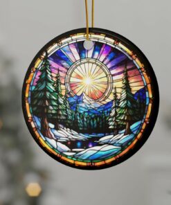 Mountain Sunrise Forest Stained Glass look Ceramic Ornaments, 2-Side Print, Winter Scene Snow, nature lover ornament, naturecore christmas