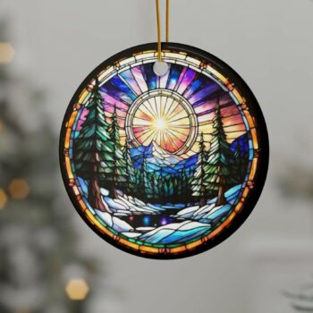 Mountain Sunrise Forest Stained Glass look Ceramic Ornaments, 2-Side Print, Winter Scene Snow, nature lover ornament, naturecore christmas