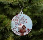 Hand-Painted Wood Slice Christmas Ornament: Snow Bird & Birdhouse