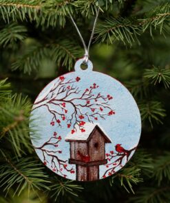 Hand-Painted Wood Slice Christmas Ornament: Snow Bird & Birdhouse