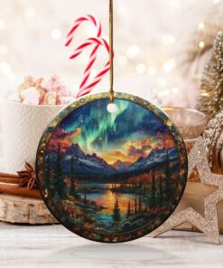 Northern Lights Ornament, Aurora Borealis, Mountain Lake Art, Nature Inspired Ornament, Stained Glass Style, Landscape Scene Ornament