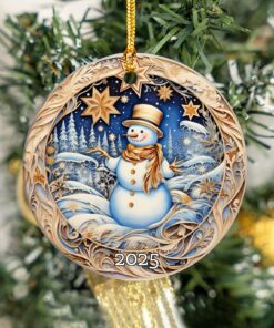 Snowman Ornament 2025, Blue White Christmas Tree Decoration, Winter Village Holiday Keepsake, Festive Ceramic Ornament Gift for Home