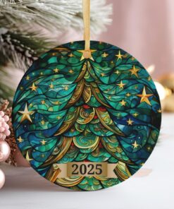 Christmas Tree Ornament 2025, Stained Glass Holiday Decoration, Elegant Keepsake Gift for Family, Coworkers, Friends