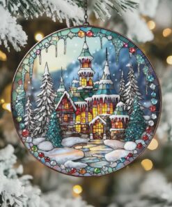 Winter Castle ACRYLIC Faux Stained Glass Ornament Suncatcher, Christmas Window Hanging With Snowy Path And Pine Trees, Holiday Home Gift