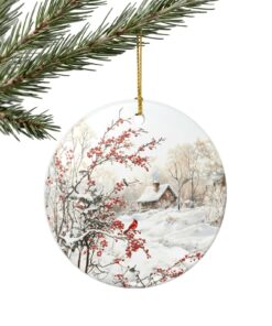 Cardinal Christmas Ornament Winter Cottage with Red Berries and Snow Scene, Rustic Holiday Tree Decoration, Nature Keepsake Gift