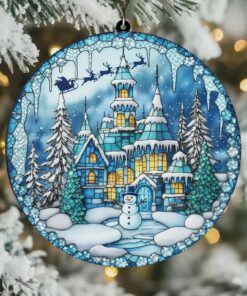 Winter Castle Acrylic Suncatcher – Faux Stained Glass Ornament with Snowy Path & Pine Trees, Christmas Window Hanging Holiday Gift