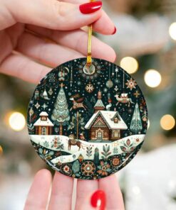 Vintage Winter Village Ceramic Christmas Ornament with Snowy Cabin Scene, Scandinavian Folk Art Holiday Tree Decoration Xmas Keepsake