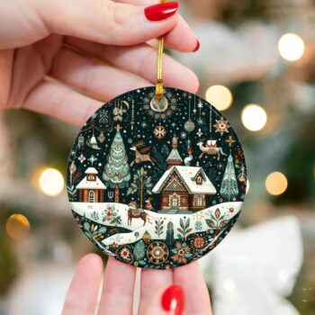 Vintage Winter Village Ceramic Christmas Ornament with Snowy Cabin Scene, Scandinavian Folk Art Holiday Tree Decoration Xmas Keepsake