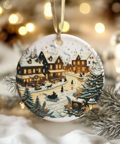 Christmas Village Ceramic Ornament, Snowy Winter Scene