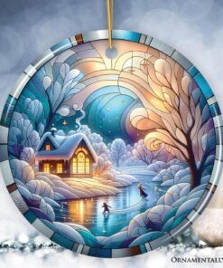 Magical Winter Lake Cabin Ceramic Christmas Ornament, Stained Glass Theme Tree Décor