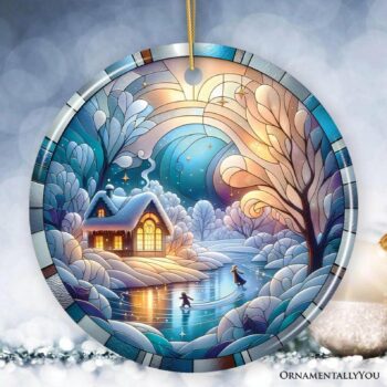Magical Winter Lake Cabin Ceramic Christmas Ornament, Stained Glass Theme Tree Décor