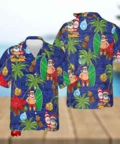 2025 Christmas Tropical Santa Holding Surfboard Hawaiian Shirt
