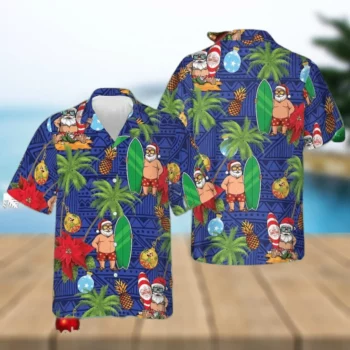 2025 Christmas Tropical Santa Holding Surfboard Hawaiian Shirt