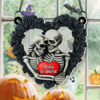 Personalized Gifts For Skeleton Couple Suncatcher Ornament, Skeleton Couple Hugging