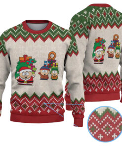 Beige & Green South Park Characters with Christmas Gifts Zigzag Ugly Christmas Sweater 2025