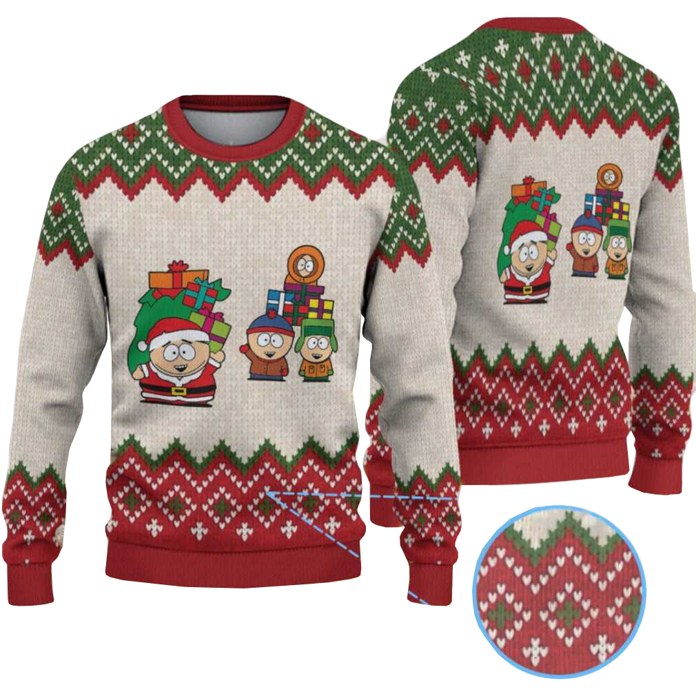 Beige & Green South Park Characters with Christmas Gifts Zigzag Ugly Christmas Sweater 2025 Beige & Green South Park Characters with Christmas Gifts Zigzag Ugly Christmas Sweater 2025